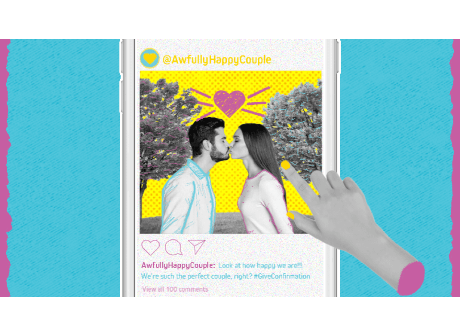 beeld uit kickstartervideo van smartphone met instagram post van gelukkig koppel